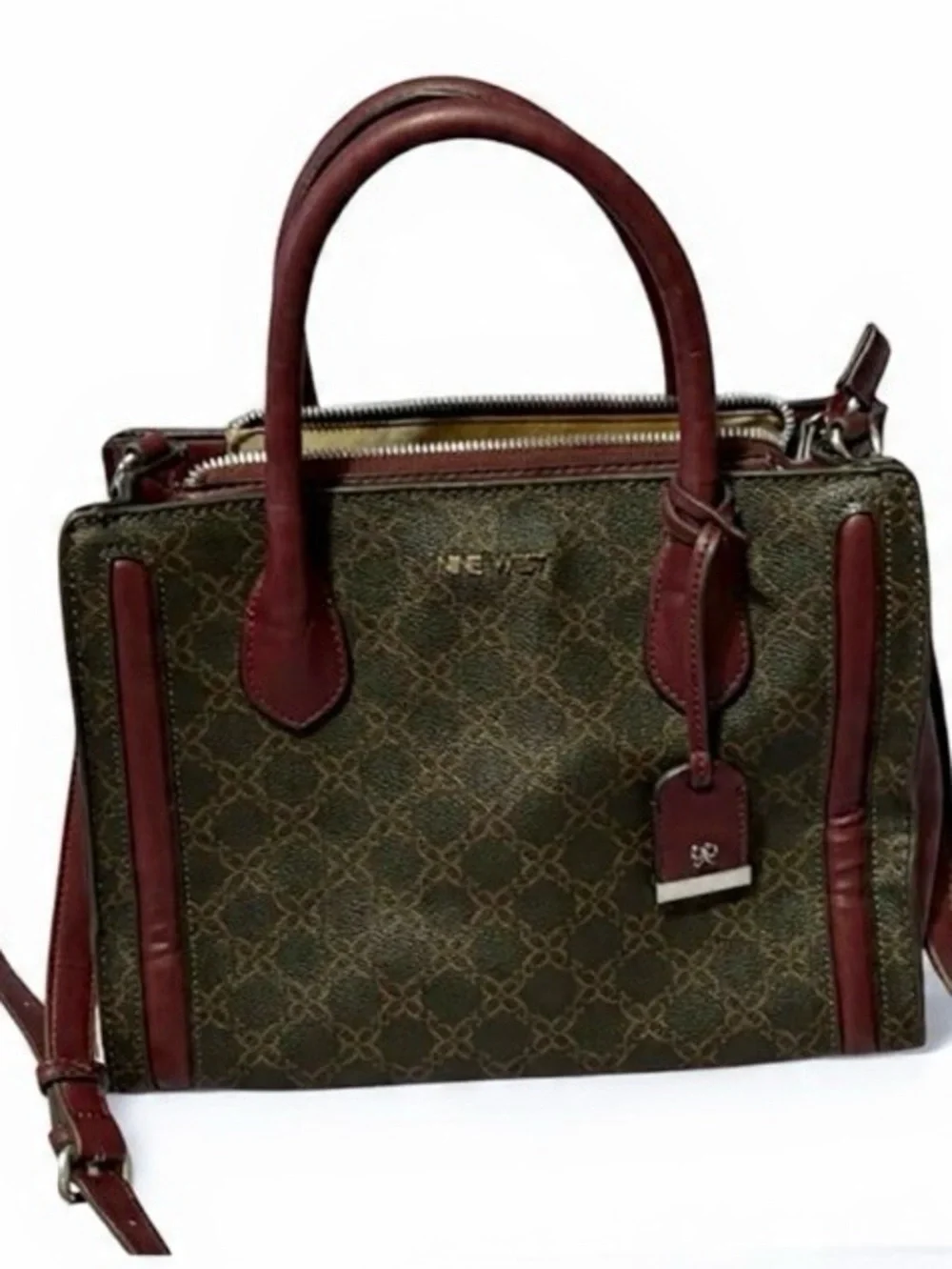 Nine West Burgundy & Brown Monogram Satchel – Faux Leather Crossbody Bag